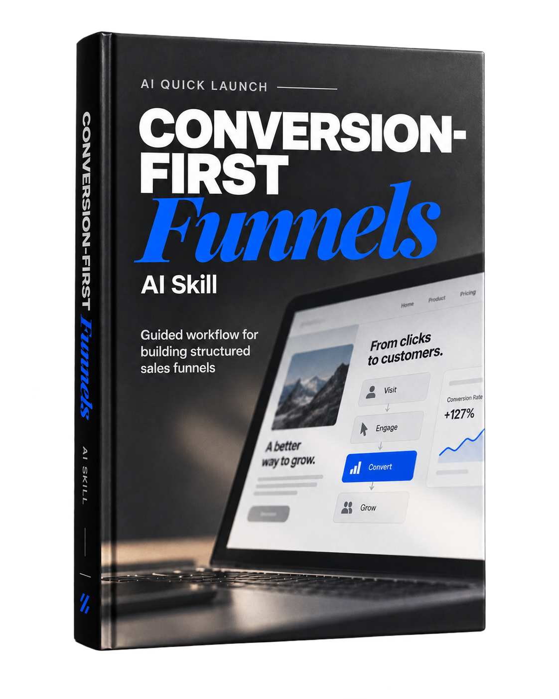 Conversion-First Funnels AI Skill book cover with black, white, and blue typography