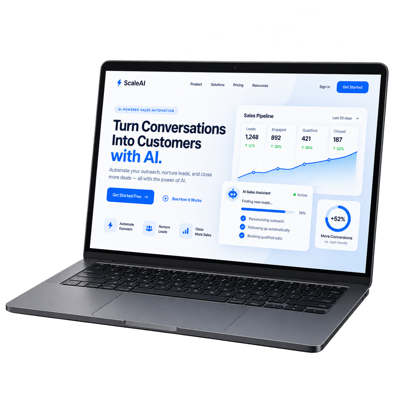Laptop displaying a blue sales website template